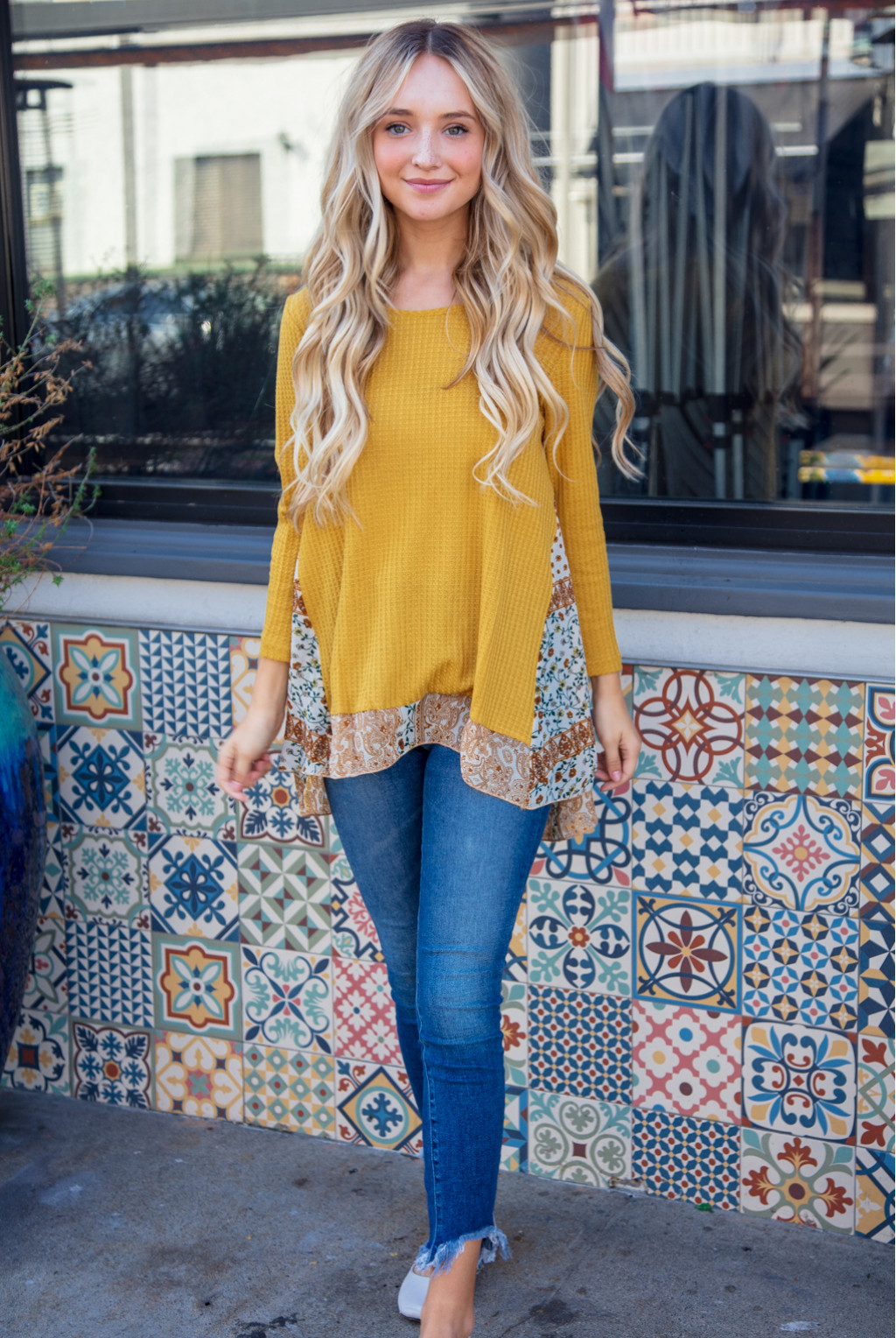 SCARF PRINT LONG SLEEVE WAFFLE KNIT SWEATER SCARF PRINT LONG SLEEVE WAFFLE KNIT SWEATER