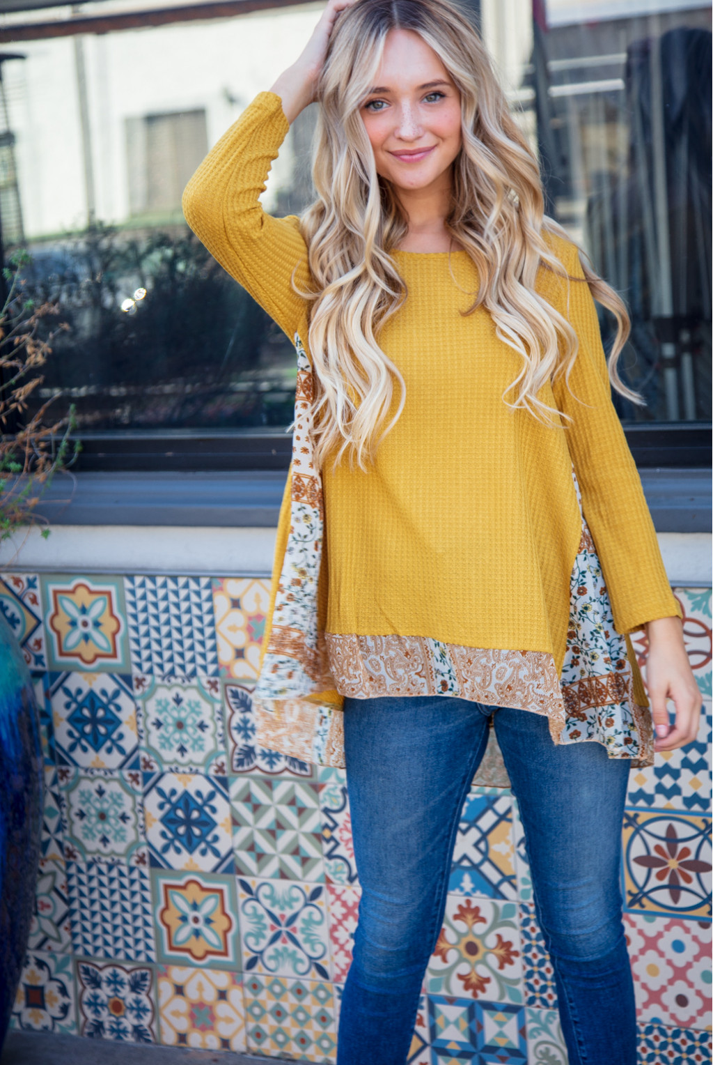 SCARF PRINT LONG SLEEVE WAFFLE KNIT SWEATER SCARF PRINT LONG SLEEVE WAFFLE KNIT SWEATER