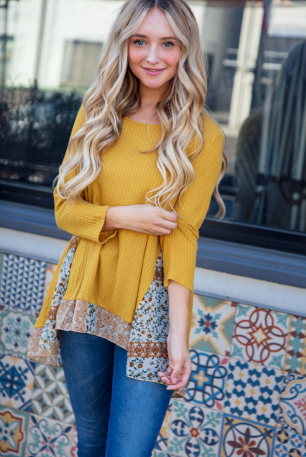 SCARF PRINT LONG SLEEVE WAFFLE KNIT SWEATER SCARF PRINT LONG SLEEVE WAFFLE KNIT SWEATER