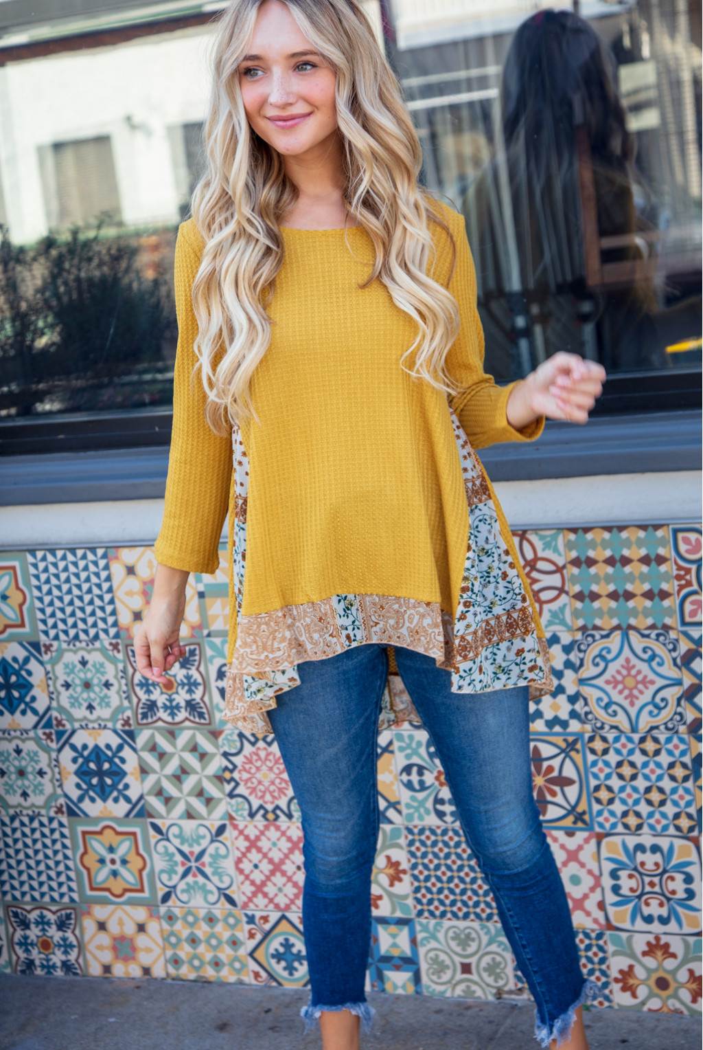 SCARF PRINT LONG SLEEVE WAFFLE KNIT SWEATER SCARF PRINT LONG SLEEVE WAFFLE KNIT SWEATER
