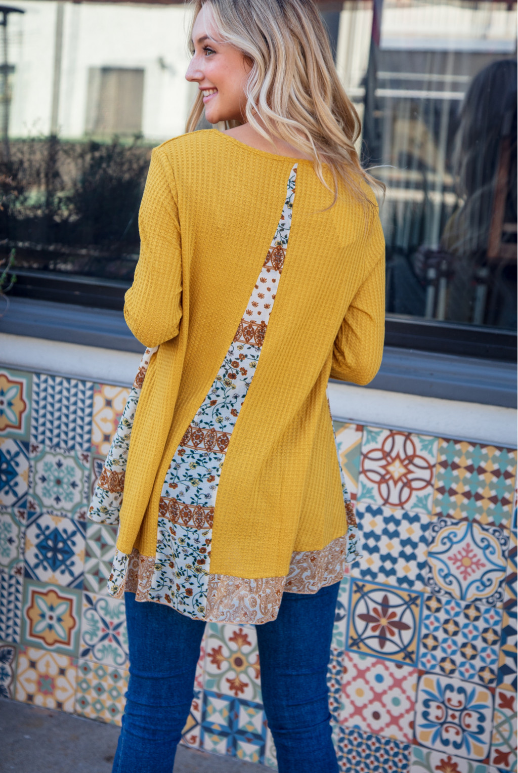 SCARF PRINT LONG SLEEVE WAFFLE KNIT SWEATER SCARF PRINT LONG SLEEVE WAFFLE KNIT SWEATER