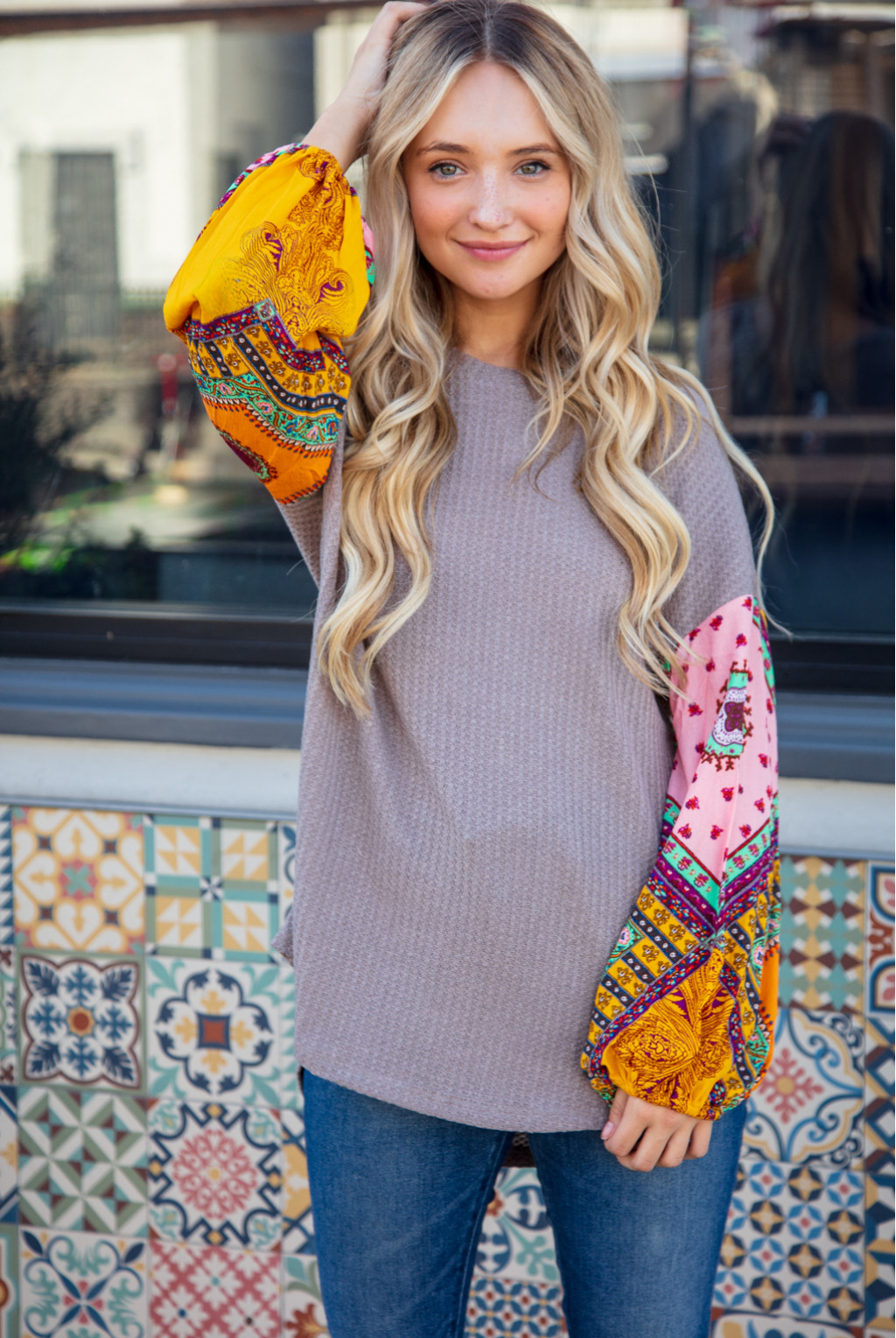 WAFFLE KNIT SWEATER WITH SCARF PRINT BELLE SLEEVES WAFFLE KNIT SWEATER WITH SCARF PRINT BELLE SLEEVES