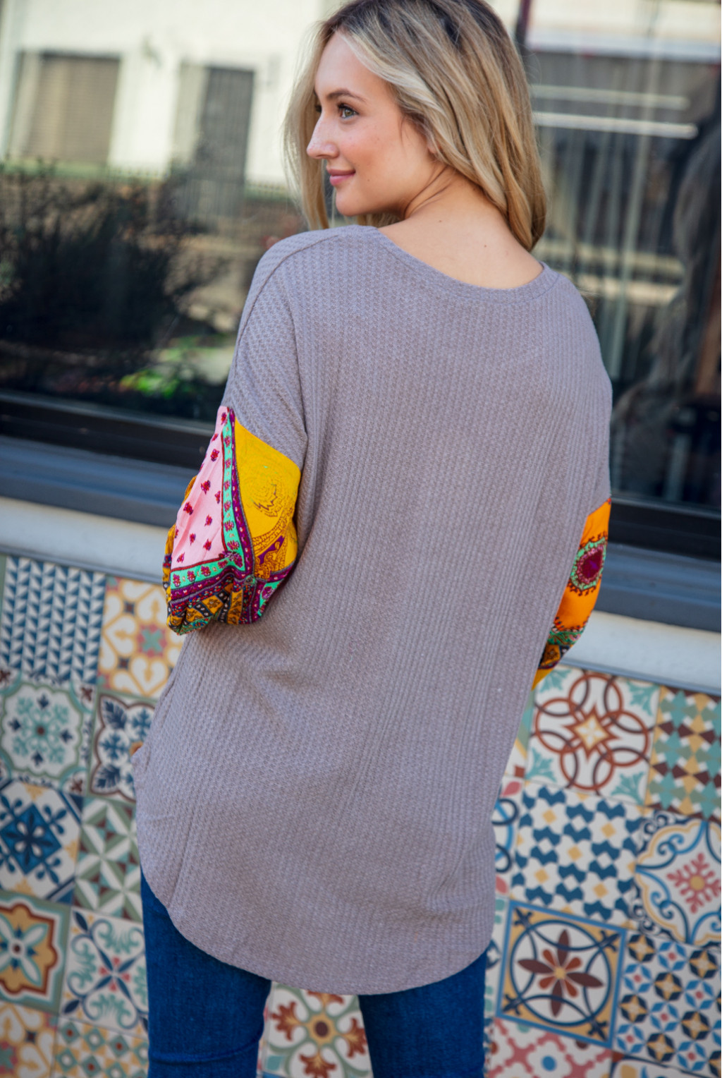 WAFFLE KNIT SWEATER WITH SCARF PRINT BELLE SLEEVES WAFFLE KNIT SWEATER WITH SCARF PRINT BELLE SLEEVES
