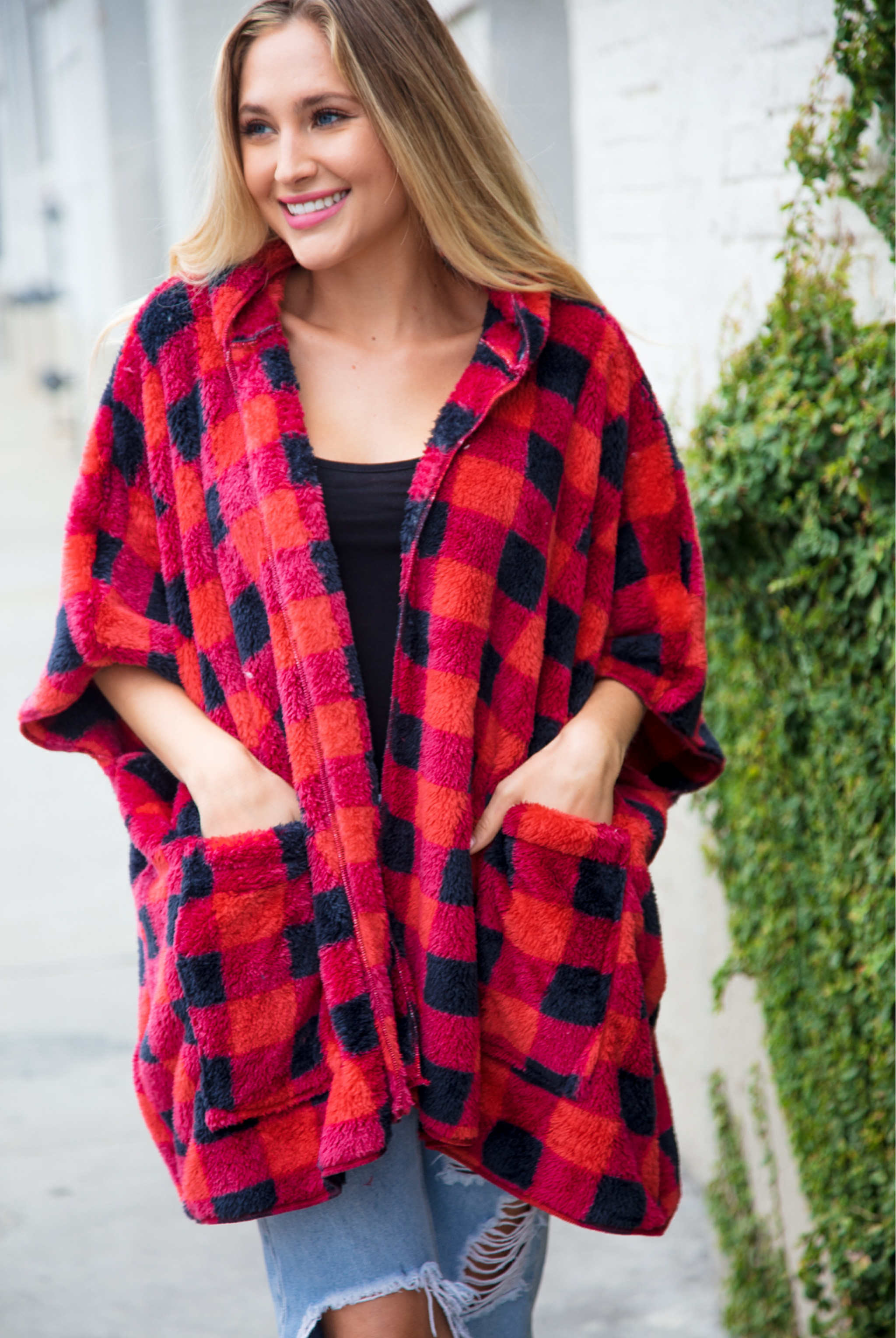 CHECKERED SHERPA PONCHO CARDIGAN HOODIE