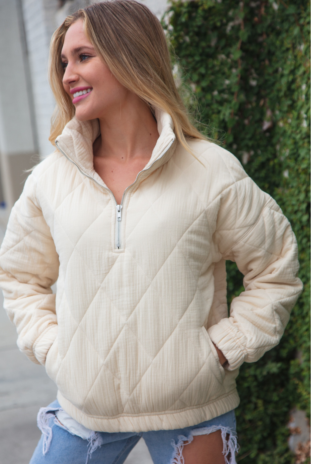 QUILTED ZIPUP PUFF PULLOVER WITH POCKETS