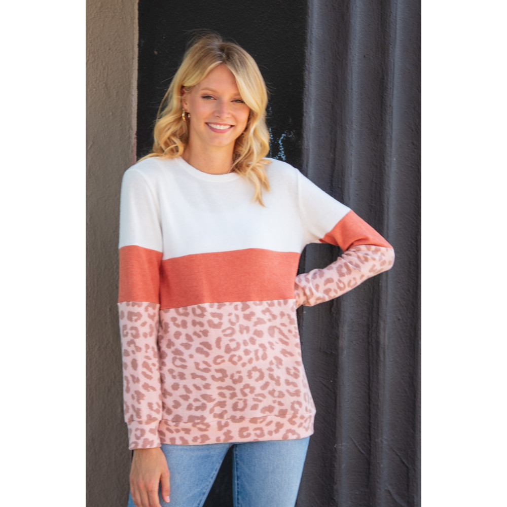 color block leopard sweater