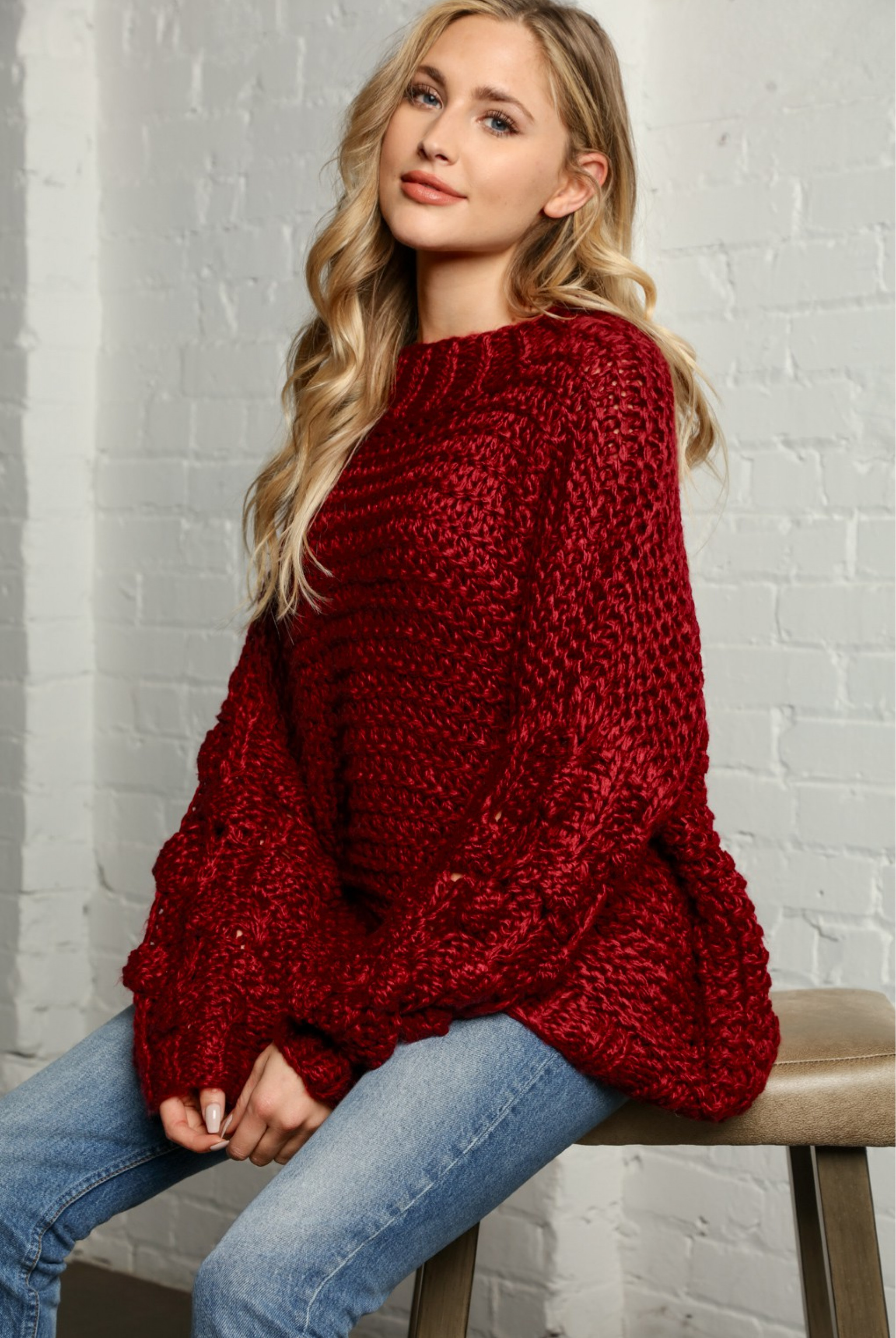CRANBERRY CABLE KNIT CHUNKY SWEATER