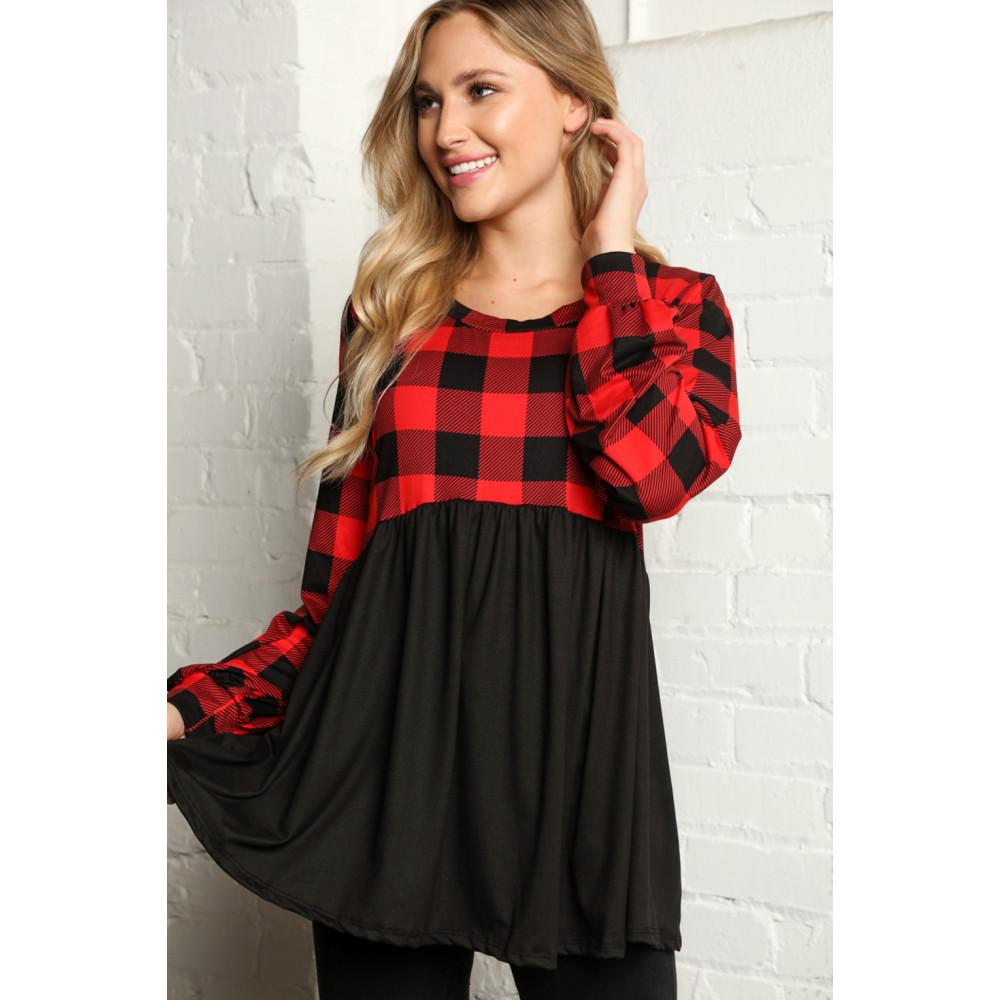 PLAID COLOR BLOCK BABYDOLL SWING KNIT TOP